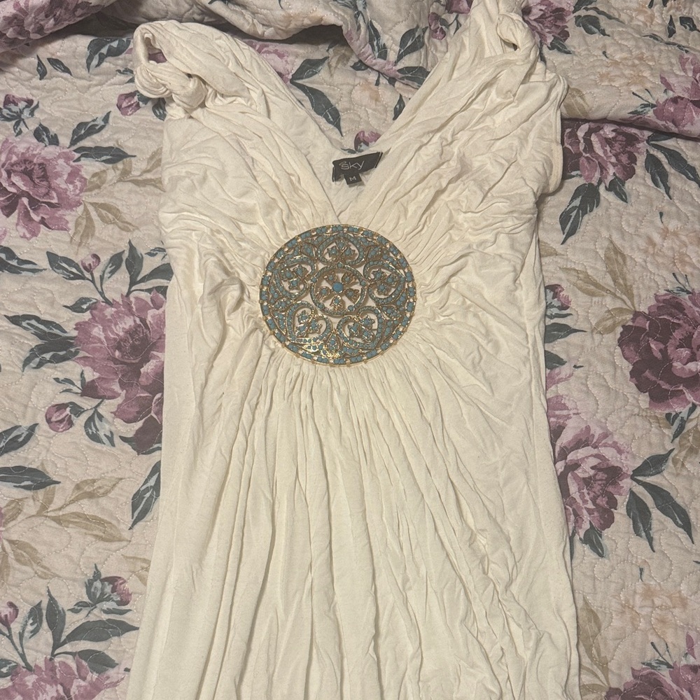 Sky Cream Midi Dress with Gold Embellishment